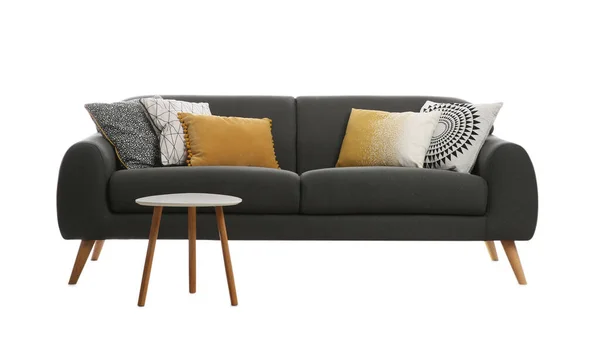 Sofá Cinza Confortável Com Almofadas Mesa Sobre Fundo Branco Mobiliário — Fotografia de Stock