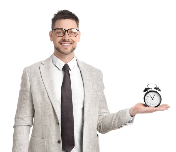 Homem Negócios Feliz Segurando Despertador Fundo Branco Gestão Tempo — Fotografia de Stock