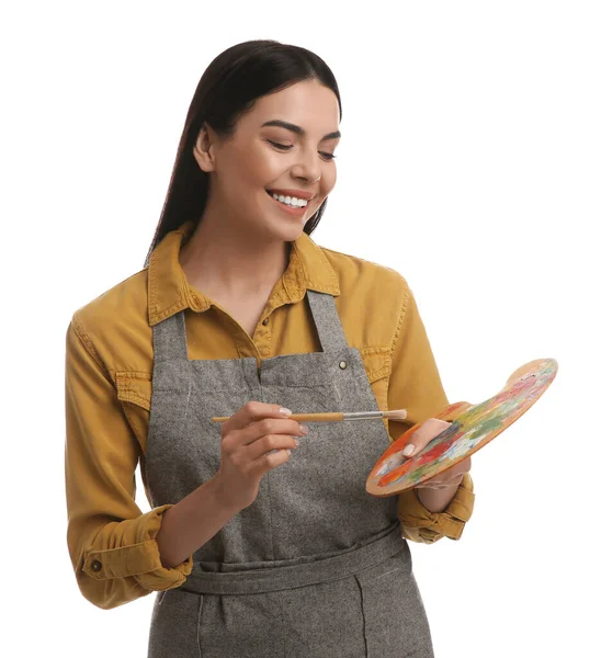 Jovem Mulher Desenho Com Escova Fundo Branco — Fotografia de Stock