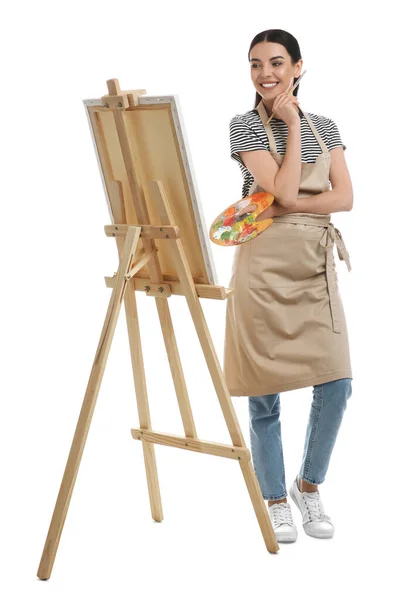Young Woman Drawing Tools Easel White Background — Stock Photo, Image