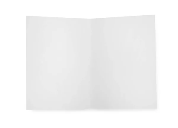 Folheto Papel Branco Aberto Isolado Branco Vista Superior Mockup Para — Fotografia de Stock