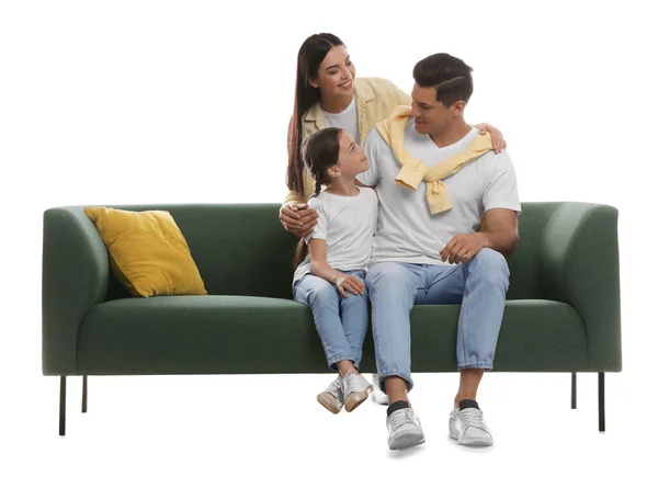 Familia Feliz Descansando Sobre Cómodo Sofá Verde Sobre Fondo Blanco —  Fotos de Stock
