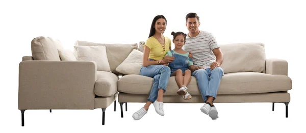 Familia Feliz Descansando Cómodo Sofá Sobre Fondo Blanco —  Fotos de Stock