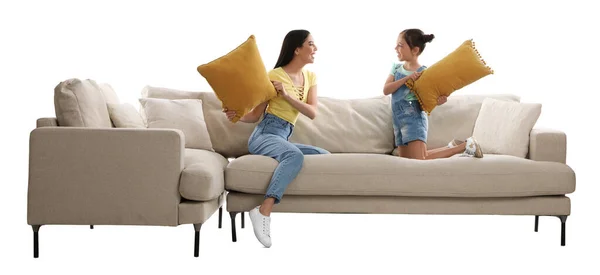 Young Woman Her Daughter Having Pillow Fight Comfortable Sofa White — Stock Photo, Image