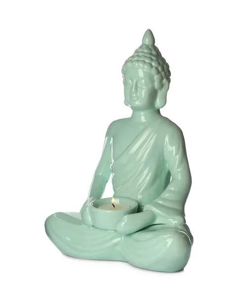 Bela Escultura Buda Cerâmica Com Vela Ardente Isolada Branco — Fotografia de Stock