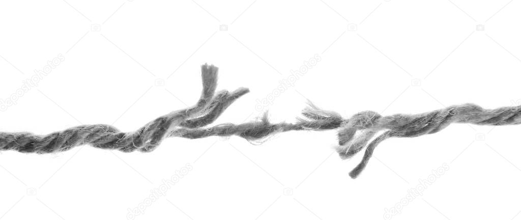 Frayed rope at breaking point on white background, banner design. Cheating concept