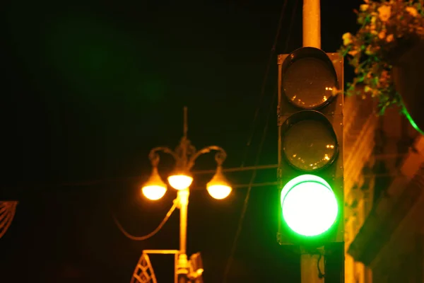 Green Traffic Light City Night Space Text — Stock Photo, Image