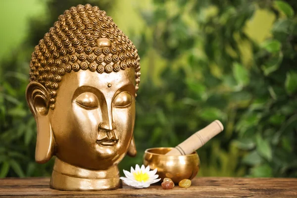 Buddha Statue Lotus Flower Singing Bowl Wooden Table Space Text — Stock Photo, Image