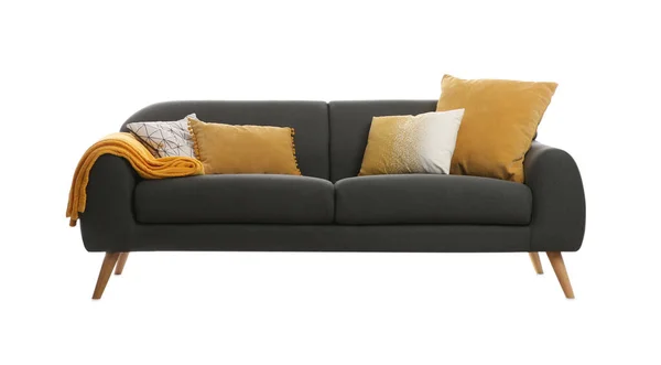 Bequemes Graues Sofa Mit Kissen Auf Weißem Hintergrund Möbel Für — Stockfoto