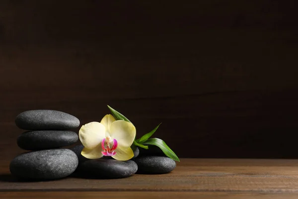 Wellness Steine Schöne Orchideenblumen Und Bambus Sprießen Auf Dem Holztisch — Stockfoto