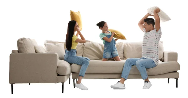 Happy Family Having Pillow Fight Comfortable Sofa White Background — Stock Photo, Image