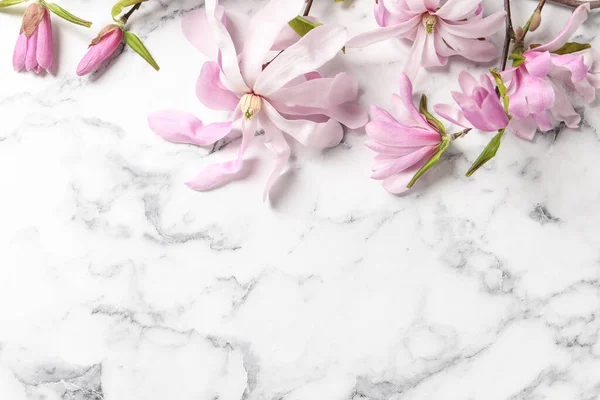 Magnolia Boomtakken Met Prachtige Bloemen Witte Marmeren Tafel Plat Gelegd — Stockfoto