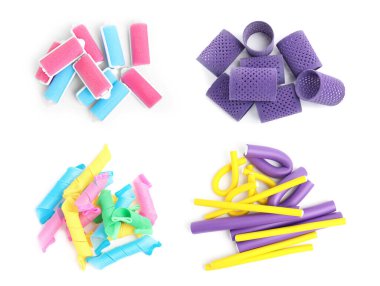 Beyaz arka planda saç bigudileri ile set, üst görünüm 