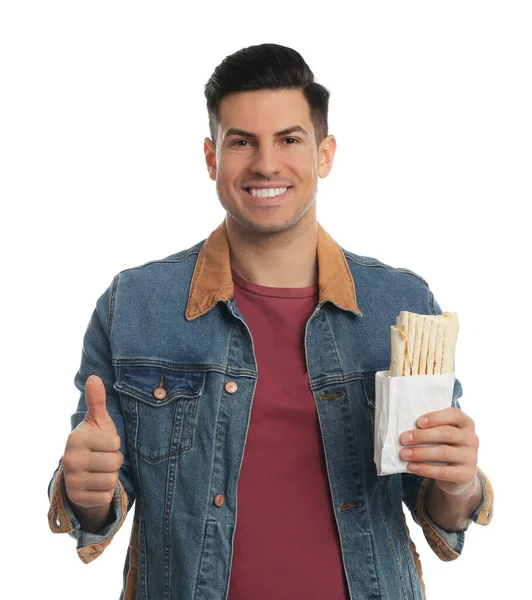 Man Med Läcker Shawarma Vit Bakgrund — Stockfoto