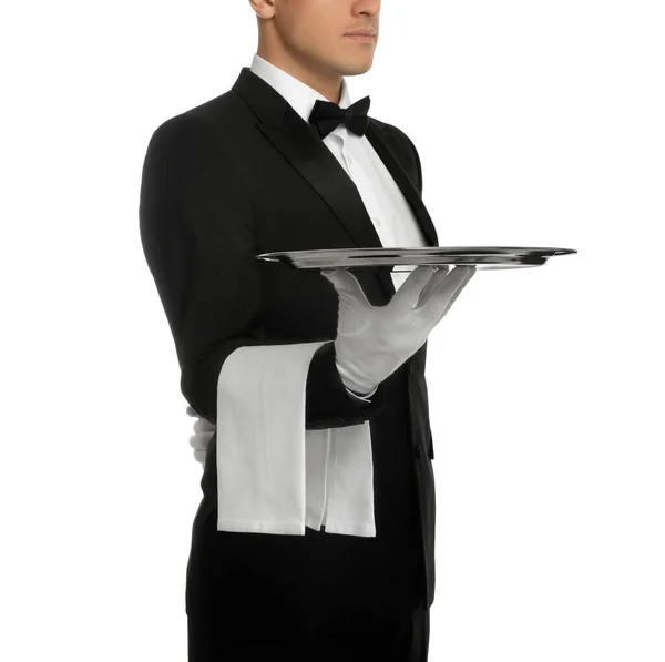 Elegante Butler Met Zilveren Dienblad Geïsoleerd Wit Close — Stockfoto