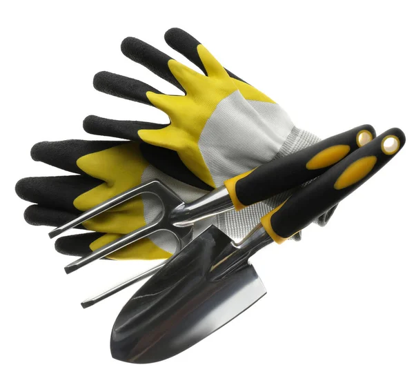 Trowel Gloves Pitchfork White Background Top View Gardening Tools — 图库照片