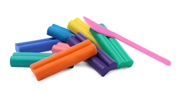 Many Different Colorful Plasticine Pieces Sculpting Knife White Background — Stock Photo, Image