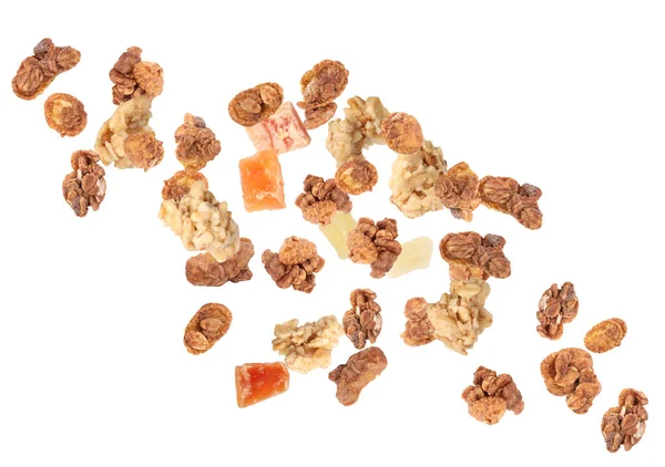 Delicious Granola Dried Fruits Falling White Background Healthy Snack — Stock Photo, Image