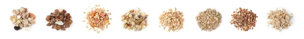 Set Piles Different Delicious Granola White Background Top View Banner — 스톡 사진