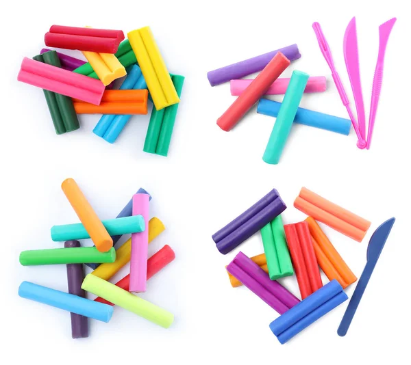 Set Met Verschillende Kleurrijke Plasticine Stukken Witte Achtergrond Bovenaanzicht — Stockfoto