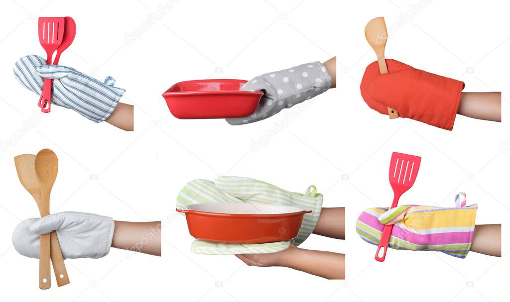 Closeup view of chefs in oven gloves holding utensils and baking pans, collage. Banner design