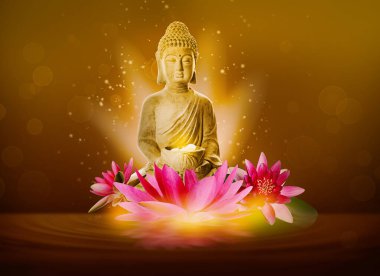 Su yüzeyinde Buda heykeli ve çiçeklerle güzel bir kompozisyon.