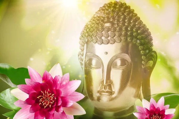 Mooie Gouden Boeddha Sculptuur Lotus Bloemen Kleur Achtergrond — Stockfoto