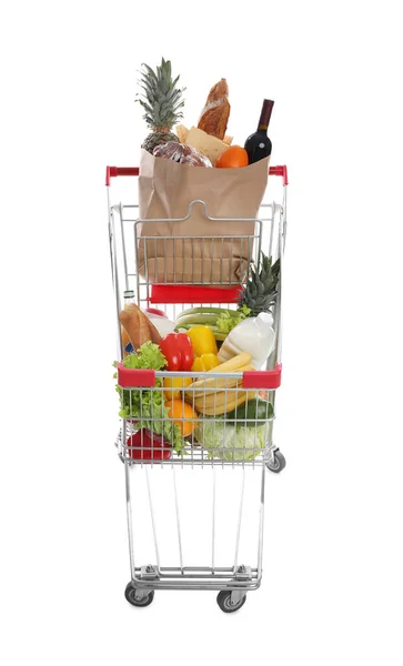 Winkelwagen Met Boodschappen Witte Achtergrond — Stockfoto