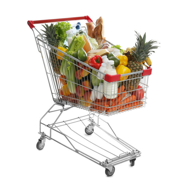 Shopping cart with groceries on white background