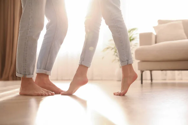 Couple Dancing Barefoot Home Closeup Floor Heating System — Stock Photo, Image