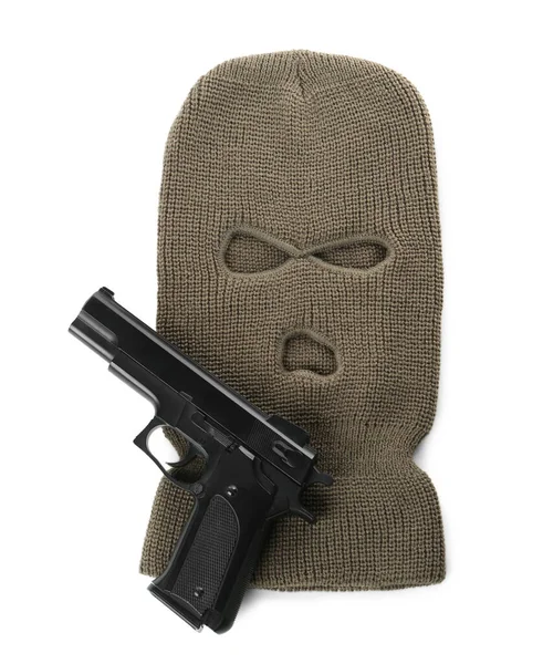 Balaclava Tricotée Beige Pistolet Sur Fond Blanc Vue Dessus — Photo