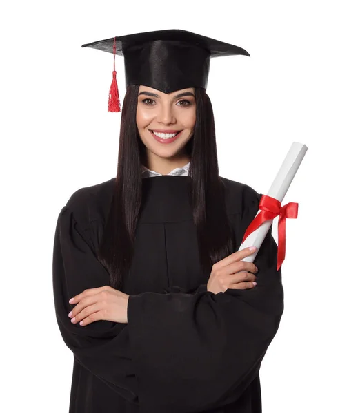Glückliche Studentin Mit Diplomhut Und Diplom Auf Weißem Hintergrund — Stockfoto