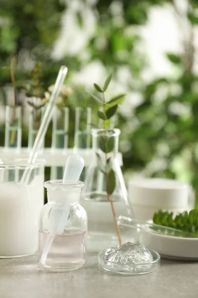 ぼやけた緑の背景を持つ灰色のテーブルの化粧品製品や研究室のガラス製品のための天然成分 — ストック写真