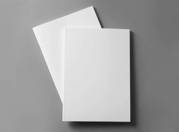 Brochures with blank covers on light grey background, top view