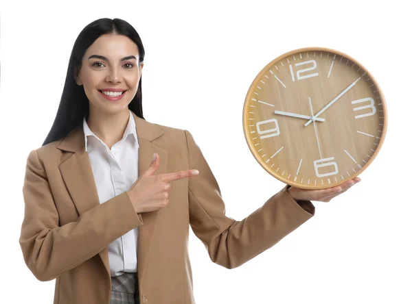 Empresaria Sosteniendo Reloj Sobre Fondo Blanco Gestión Del Tiempo — Foto de Stock