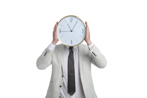 Geschäftsmann Hält Uhr Auf Weißem Hintergrund Zeitmanagement — Stockfoto