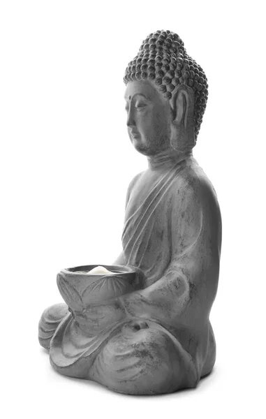 Belle Sculpture Bouddha Pierre Avec Des Pétales Fleurs Isolés Sur — Photo