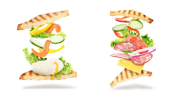 Вкусные Сэндвичи Летящими Ингредиентами Белом Фоне Коллаж Баннерный Дизайн — стоковое фото