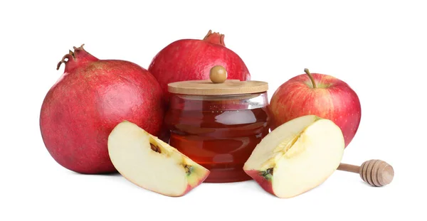 Miód Jabłko Granaty Białym Tle Rosz Haszana Wakacje — Zdjęcie stockowe