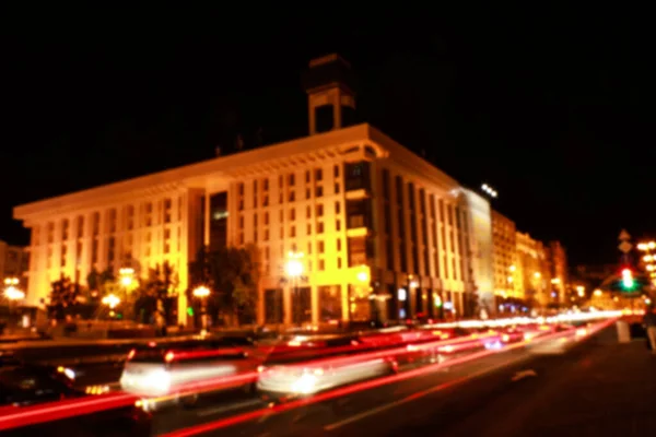 View Night Cityscape Illuminated Building Light Trails — Stock Photo, Image