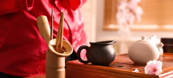 Traditional Tea Ceremony Master Tools Tray Closeup — Stock Photo, Image