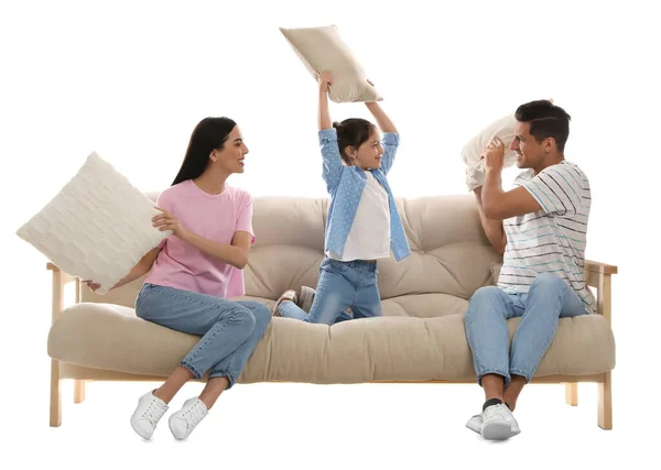 Happy Family Having Pillow Fight Comfortable Sofa White Background Royalty Free Stock Photos