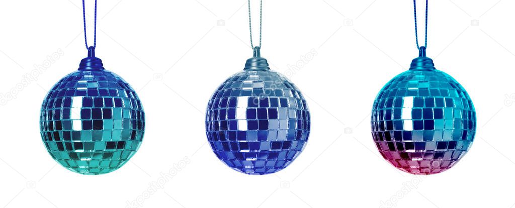 Set with colorful shiny disco balls on white background. Banner design
