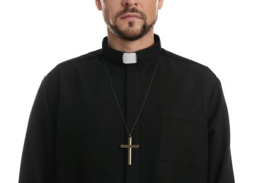 Priest with cross on white background, closeup clipart