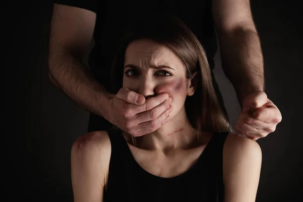 Man Abusing Scared Woman Black Background Domestic Violence — Stock Photo, Image