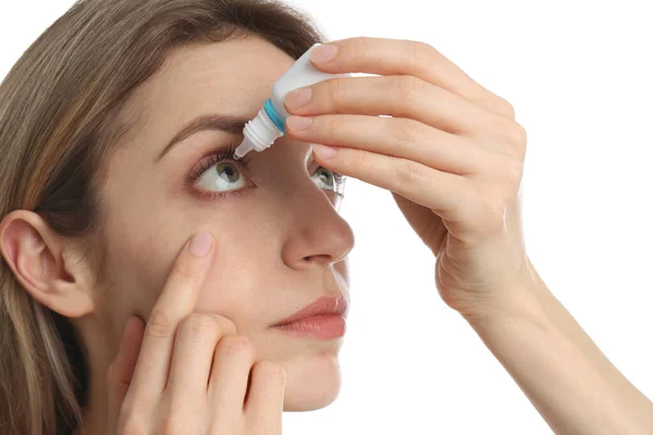 Young Woman Using Eye Drops White Background Closeup — Stock Photo, Image