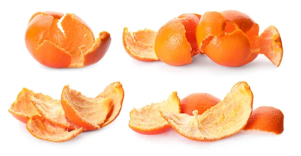 Tangerine Skalar Vit Bakgrund Collage Kompostering Organiskt Avfall — Stockfoto