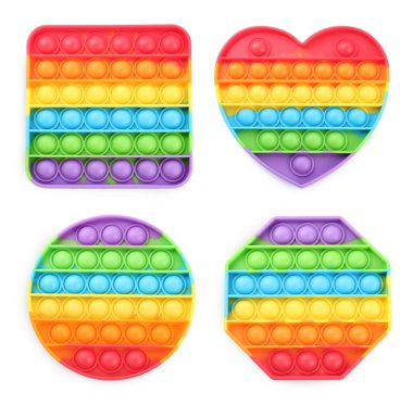 Popüler oyuncaklarla set beyaz arka planda, üst görünümde