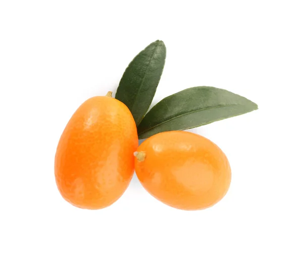 Fresh Ripe Kumquats Leaves White Background Top View Exotic Fruit — Stock Photo, Image