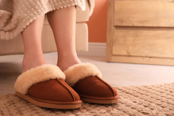 Woman Warm Soft Slippers Home Closeup — Stock Photo, Image